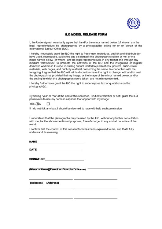 Ilo Model Release Form Printable pdf