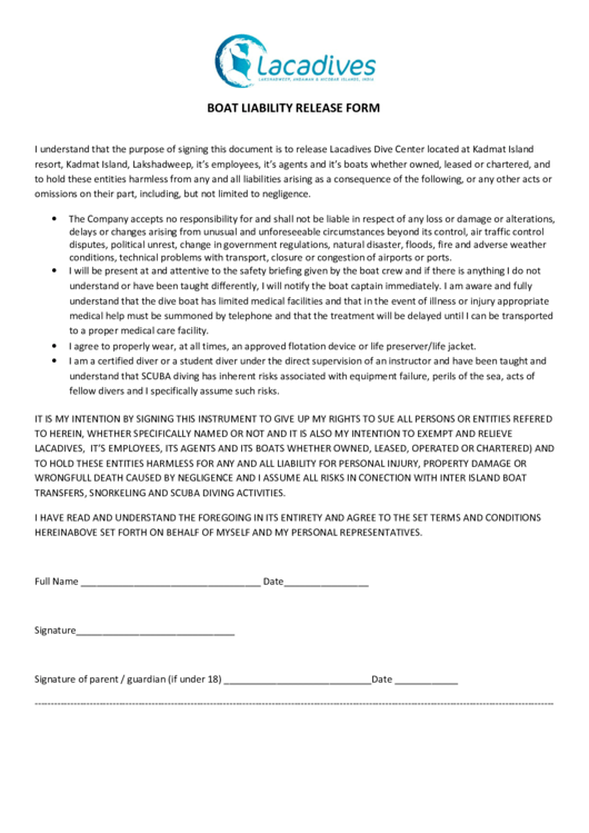 Boat Liability Release Form Printable pdf