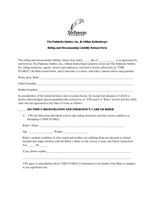 Riding And Horsemanship Liability Release Form Printable pdf
