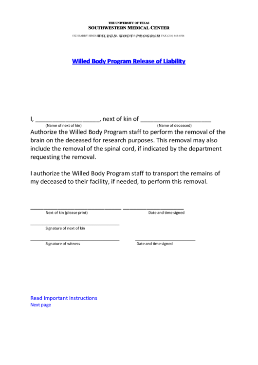 Willed Body Program Release Of Liability Printable pdf