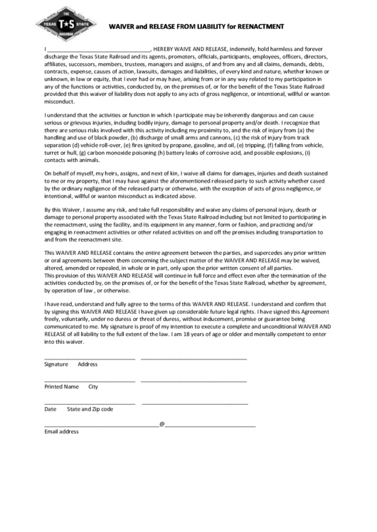Waiver And Release From Liability For Reenactment Template Printable pdf