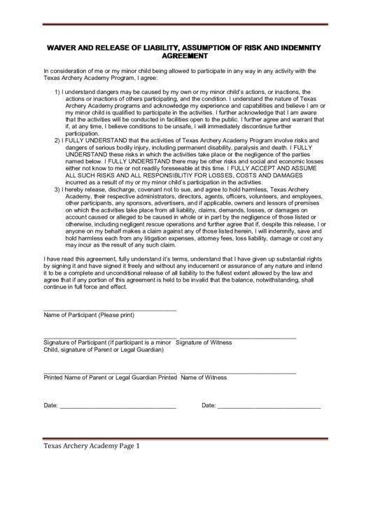 Waiver And Release Of Liability, Assumption Of Risk And Indemnity Agreement Printable pdf