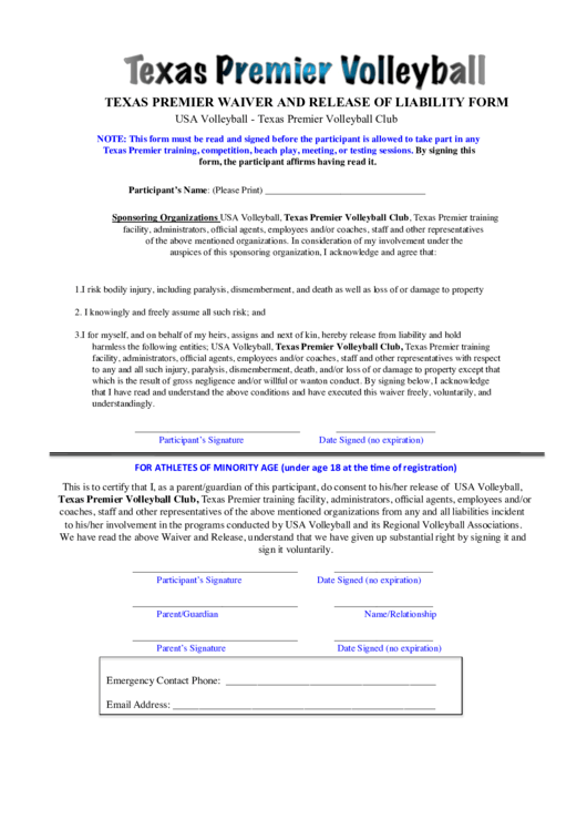 Texas Premier Waiver And Release Of Liability Form Printable pdf