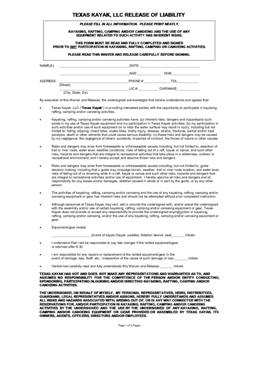 Texas Kayak, Llc Release Of Liability Printable pdf