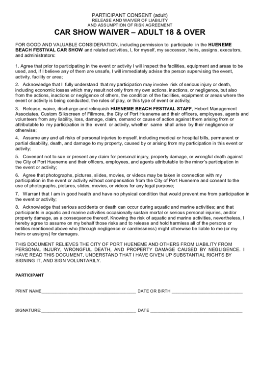 Car Show Waiver - Adult 18 And Over Printable pdf