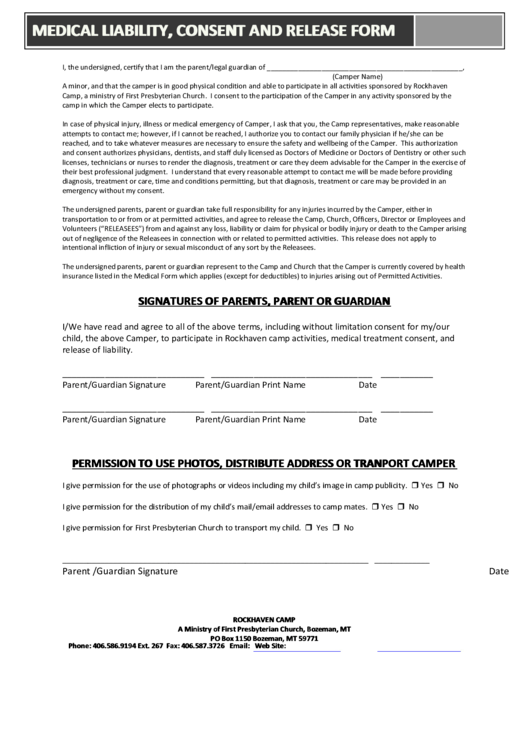 Medical Liability, Consent And Release Form Printable pdf