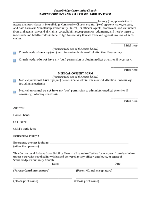 Fillable Parent Consent And Release Of Liability Form Printable pdf