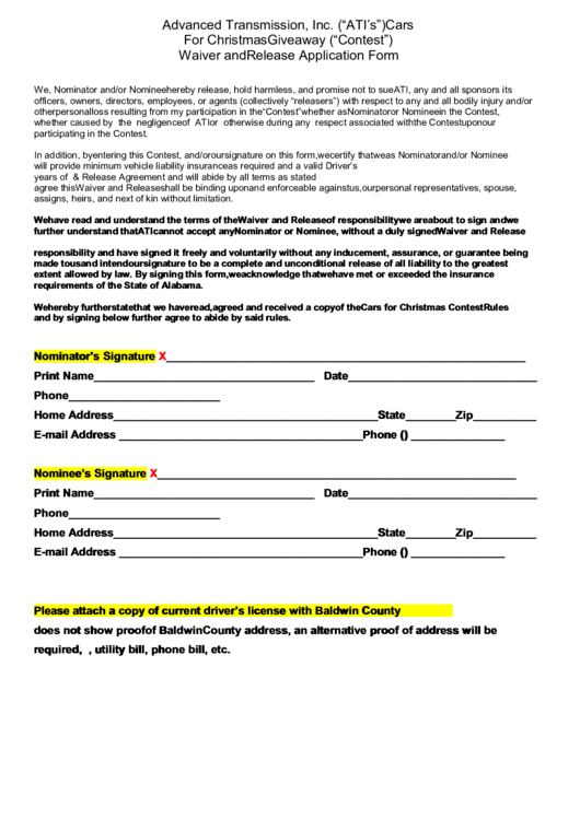 Waiver And Release Application Form Printable pdf