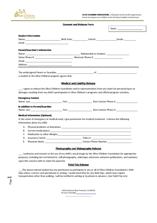 Consent And Release Form Printable pdf