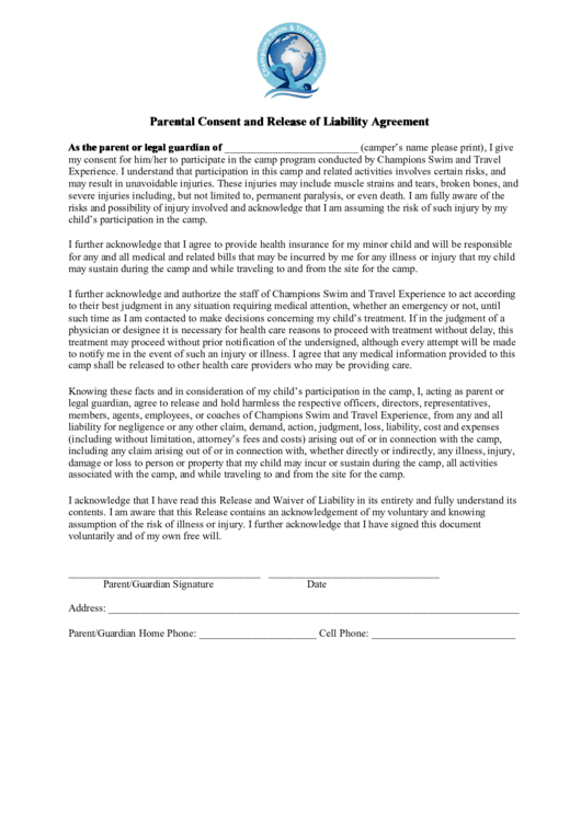 Fillable Parental Consent And Release Of Liability Agreement Printable pdf
