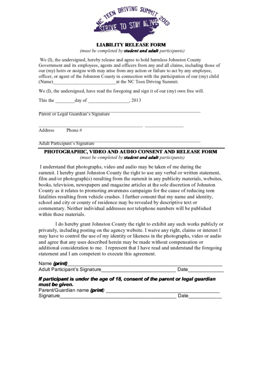 Fillable Liability Release Form Printable pdf