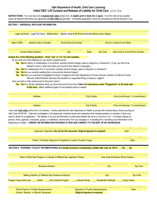 Utah Department Of Health, Child Care Licensing Initial Cbs / Lis Consent And Release Of Liability For Child Care Printable pdf