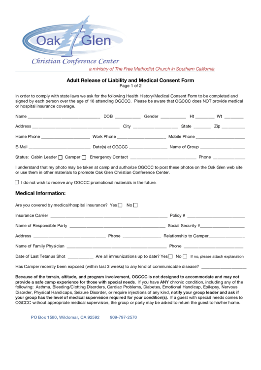 Adult Release Of Liability And Medical Consent Form Printable pdf