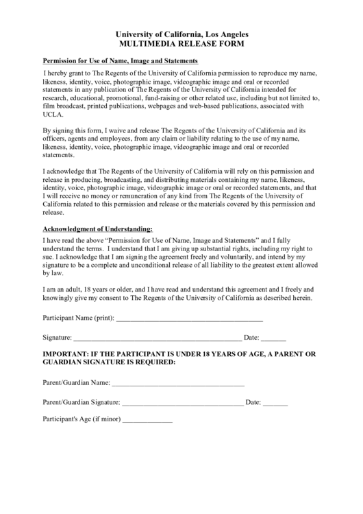 Multimedia Release Form - University Of California, Los Angeles Printable pdf