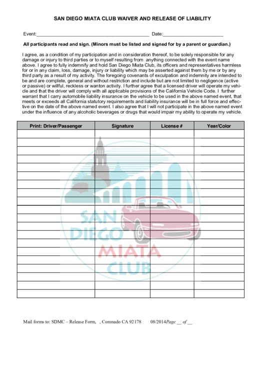 San Diego Miata Club Waiver And Release Of Liability Printable pdf