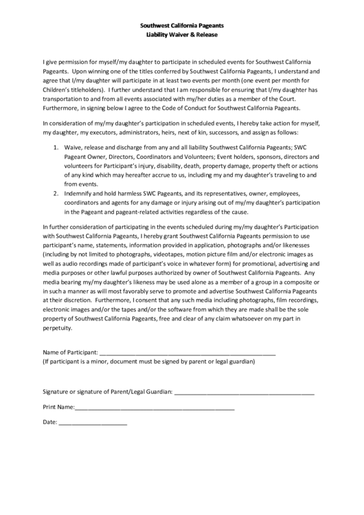 Southwest California Pageants Liability Waiver & Release Printable pdf