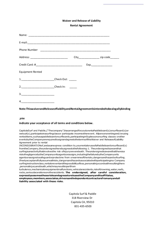 Waiver And Release Of Liability Rental Agreement Printable pdf