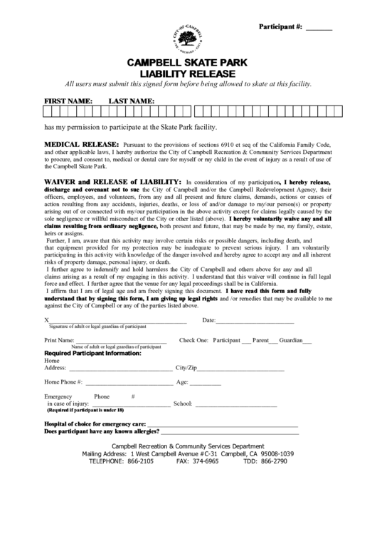 Campbell Skate Park Liability Release Printable pdf