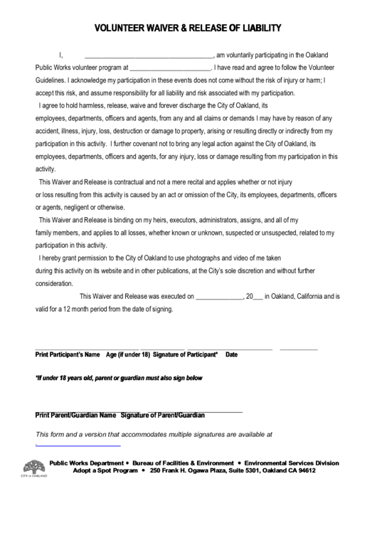 Fillable Volunteer Waiver Release Of Liability Printable pdf