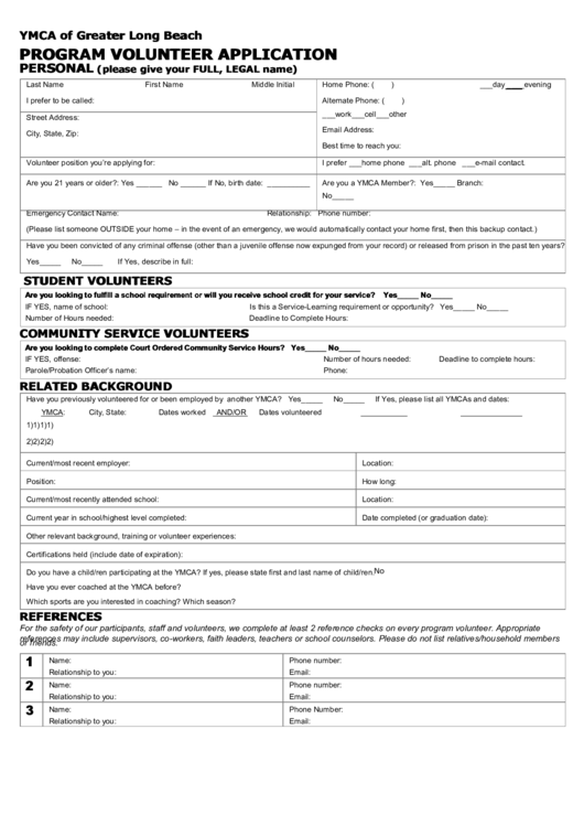 Fillable Volunteer Application - Ymca Of Greater Long Beach Printable pdf