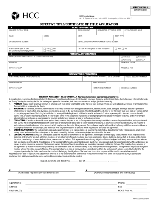 Fillable Defective Title/certificate Of Title Application Form Printable pdf
