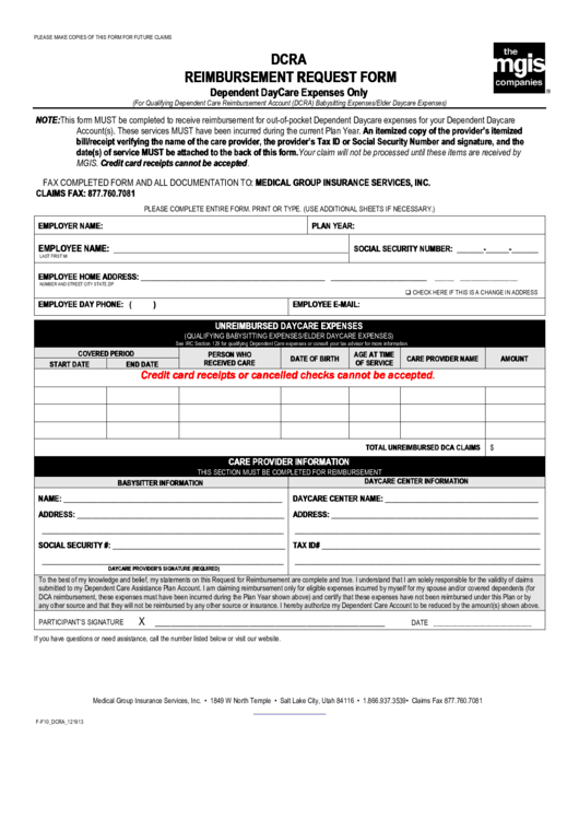Dcra Reimbursement Request Form Dependent Daycare Expenses Only Printable pdf