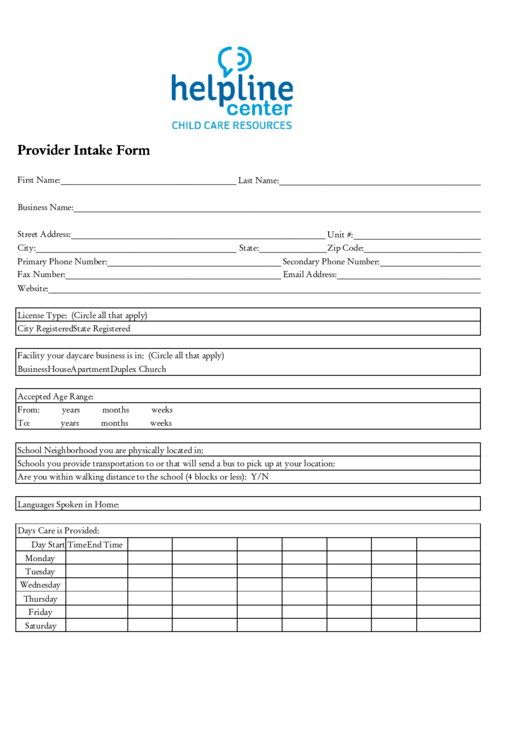 Helpline Center Child Care Resources Provider Intake Form Printable pdf