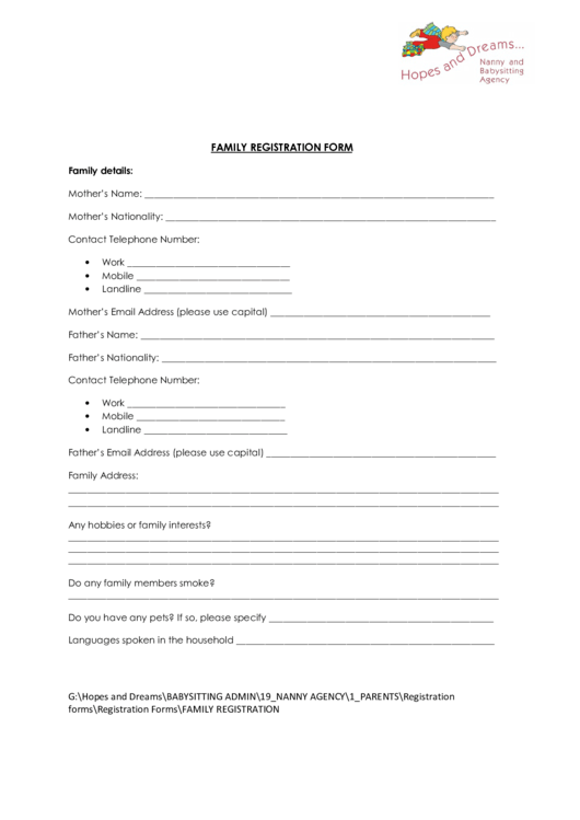Family Registration Form Printable pdf