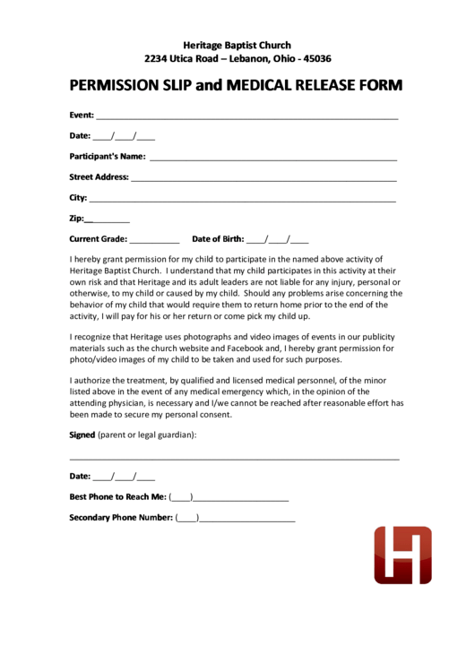 Permission Slip And Medical Release Form Printable pdf