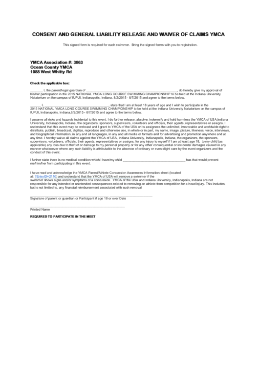 Consent And General Liability Release And Waiver Of Claims Ymca Form Printable pdf