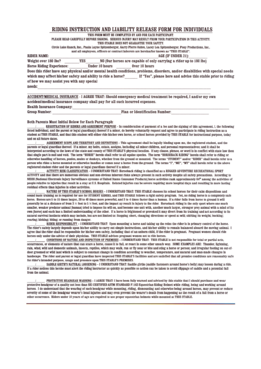Riding Instruction And Liability Release Form For Individuals Printable pdf