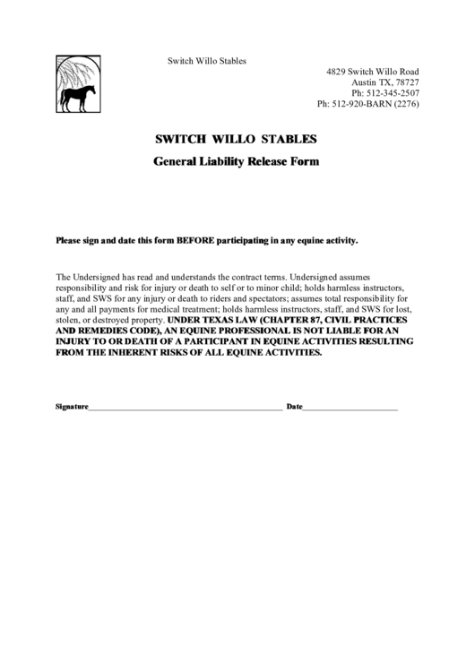 General Liability Release Form Printable pdf