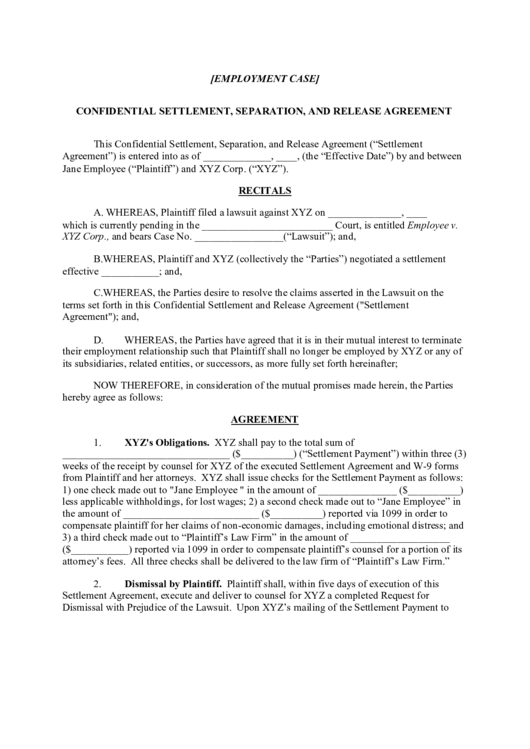 Confidential Settlement, Separation, And Release Agreement Printable pdf