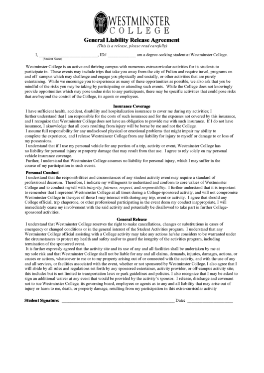 General Liability Release Agreement Printable pdf