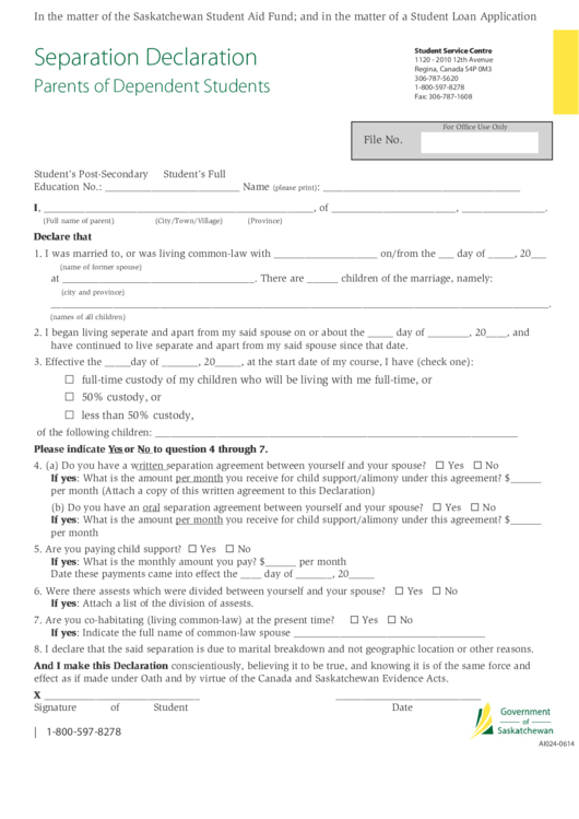 Fillable Separation Declaration Parents Of Dependent Students Printable pdf
