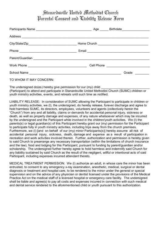 Stanardsville United Methodist Church Parental Consent And Liability Release Form Printable pdf