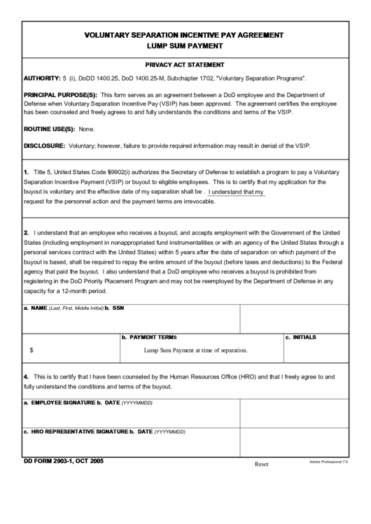 Fillable Voluntary Separation Incentive Pay Agreement Template - Lump Sum Payment Printable pdf
