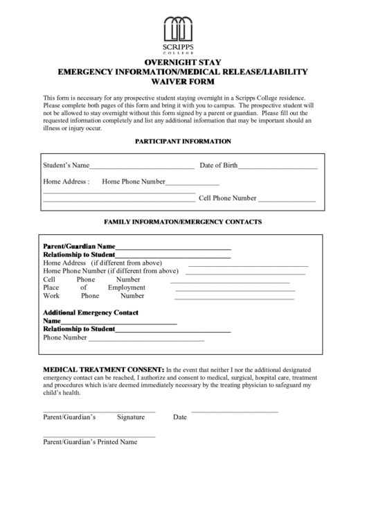 Overnight Stay Emergency Information/medical Release/liability Waiver Form Printable pdf