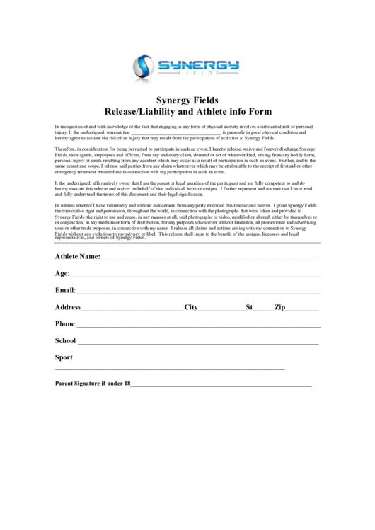 Synergy Fields Release/liability And Athlete Info Form Printable pdf
