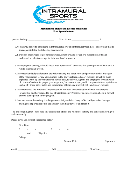Assumptions Of Risk And Release Of Liability Free Agent Contract Printable pdf