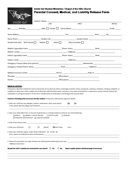 Fillable Parental Consent, Medical, And Liability Release Form Printable pdf