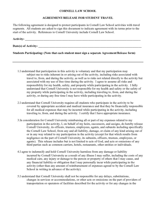 Agreement/release For Student Travel Printable pdf