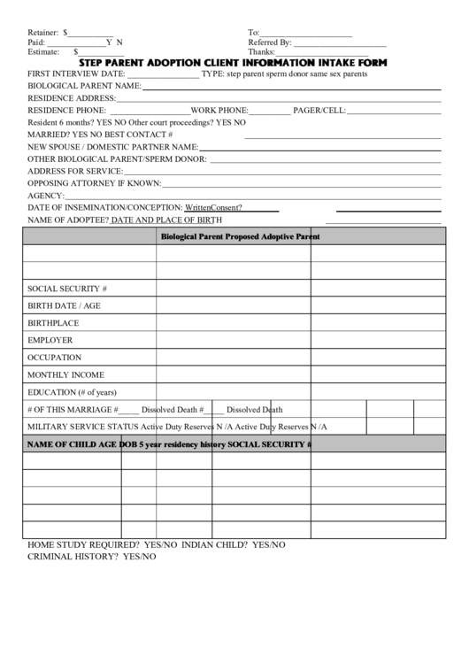Step Parent Adoption Client Information Intake Form Printable pdf