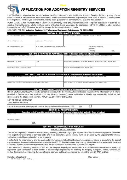 Fillable Application For Adoption Registry Services Printable pdf