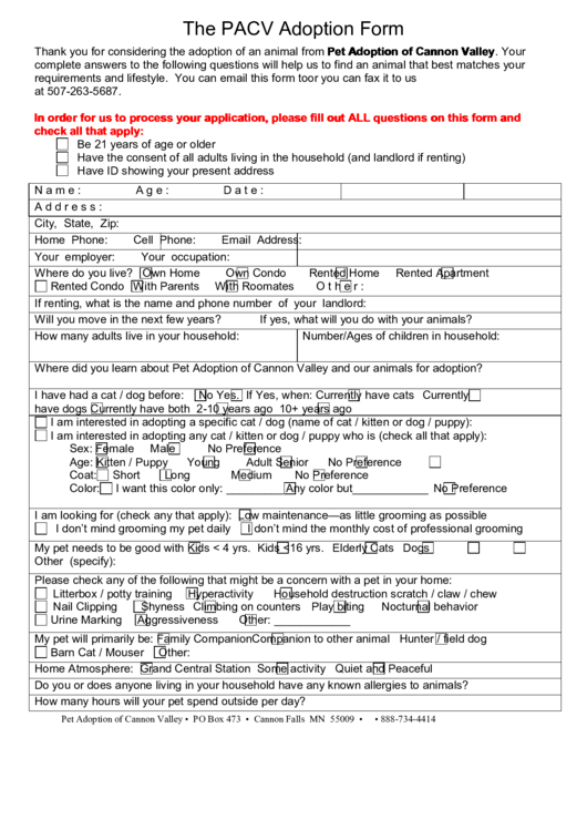 The Pacv Adoption Form Printable pdf