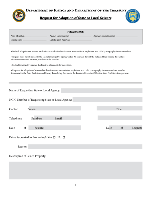 Fillable Request For Adoption Of State Or Local Seizure Printable pdf