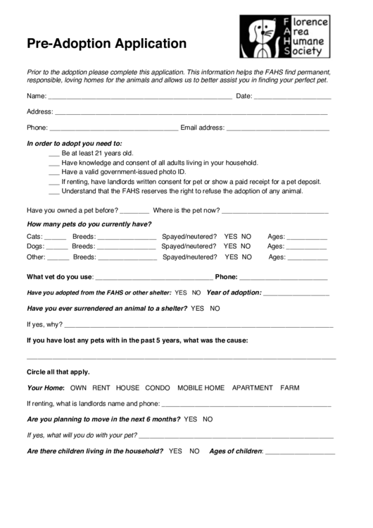 Pre-Adoption Application Printable pdf
