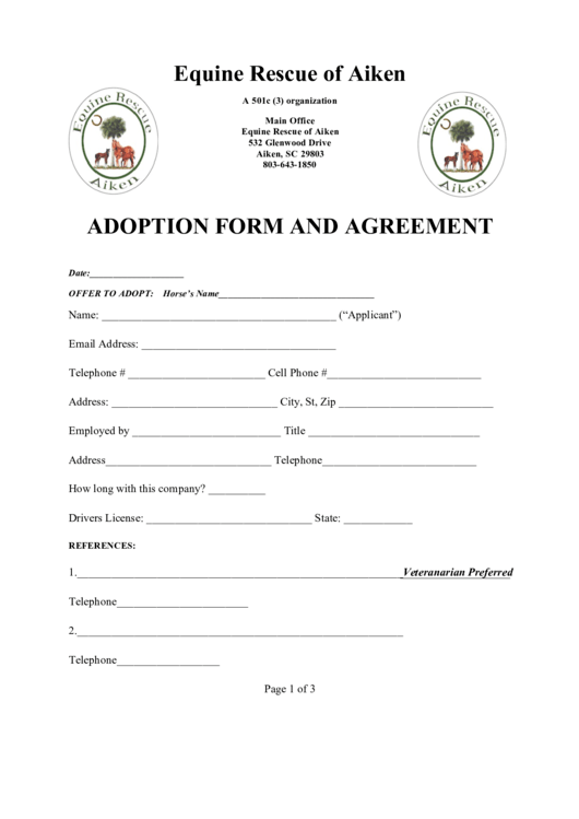 Equine Rescue Of Aiken Adoption Form And Agreement Printable pdf