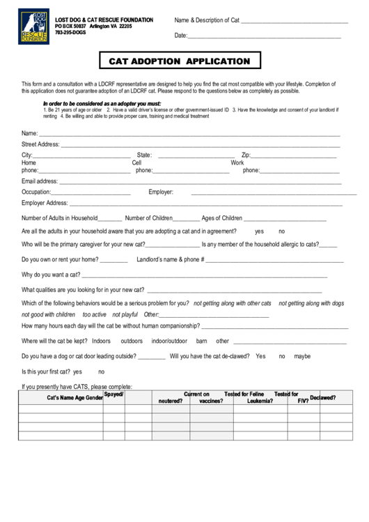 Fillable Cat Adoption Application Form printable pdf download
