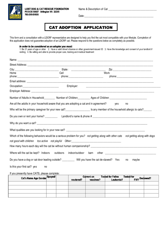 Fillable Cat Adoption Application Form Printable pdf